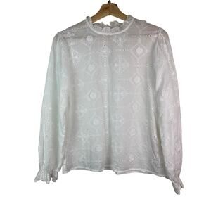 Cherry Paris Women's Size M White Floral Eyelet Ruffle Neck Cotton Blouse